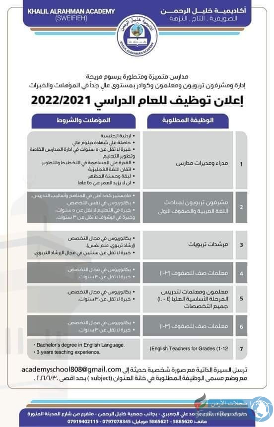 مطلوب مشرفين ومعلمين واداريين للعمل لدى اكاديمية خليل الرحمن