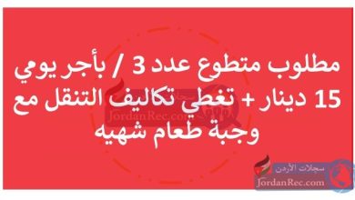 مطلوب متطوع عدد 3 / بأجر يومي 15 دينار + مؤمن تكاليف التنقل ووجبة طعام